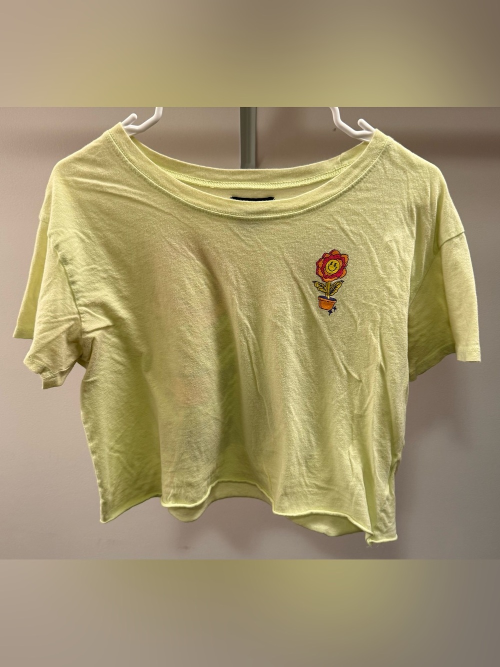 Lime Green Crop Tee with Floral Patch - Women's Casual Top